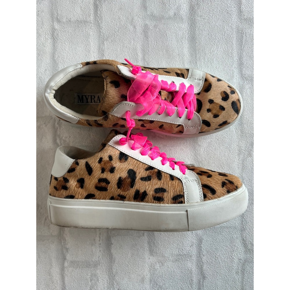 Myra Leopard Hair on Hide Sneakers Neon Pink Ribbon Laces Platform size 38